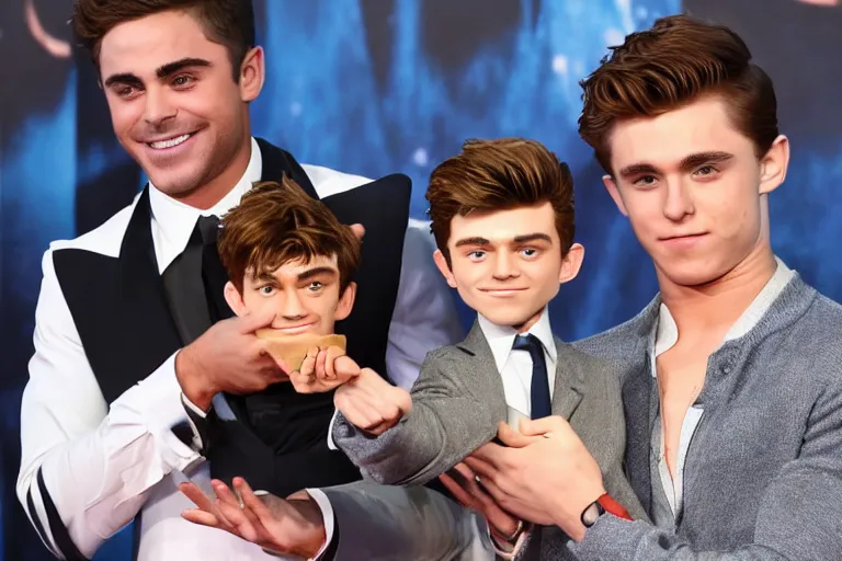 Prompt: studio photograph of zac efron holding a miniaturized tom holland in one hand and a miniaturized robert pattison in his other hand looking very confused