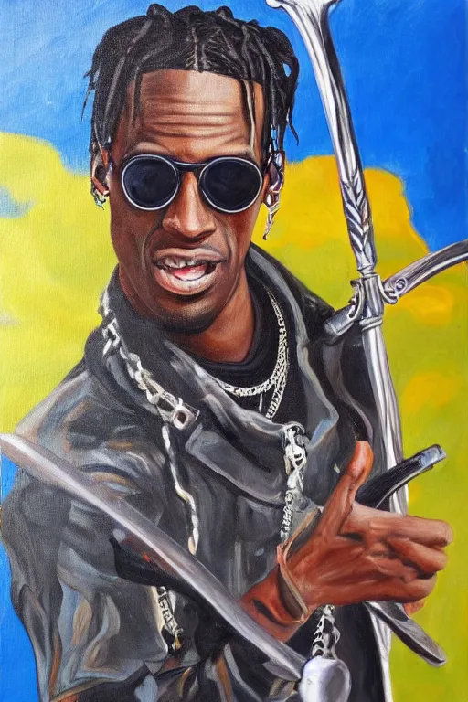 Prompt: travis scott with sunglasses holding a sword, painting