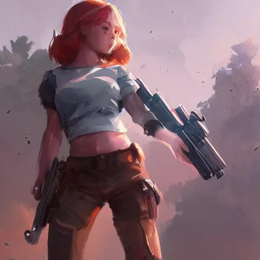 Image similar to A redheaded girl wearing a crop top, shorts and wielding a gun, character design by charles bowater,greg rutkowski,ross tran,hyperdetailed,hyperrealistic,4k,deviantart,artstation,professional photography,concept art, anime