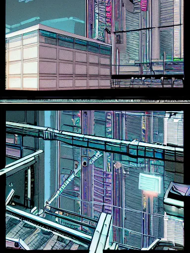 Prompt: horizontal view, cyberpunk, animation concept art, studio ghibli style, clear reflection, full page scan of 3 0 0 0 s detailed concept art, cyberpunk, mathematics and geometry, architecture, sewage system, urban section, floor plan, architectural section, post apocalyptic, desaturated, summer feeling