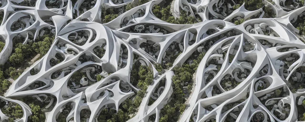 Prompt: zaha hadid kibbutz inspired by mushroom geometry, depth of field, XF IQ4, 150MP, 50mm, F1.4, ISO 200, 1/160s, natural light