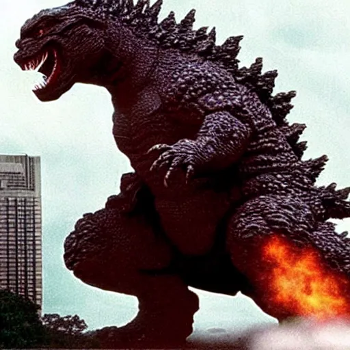Prompt: godzilla got pissed and began to attack but didn ’ t expect to be blocked by shaquille o'neal