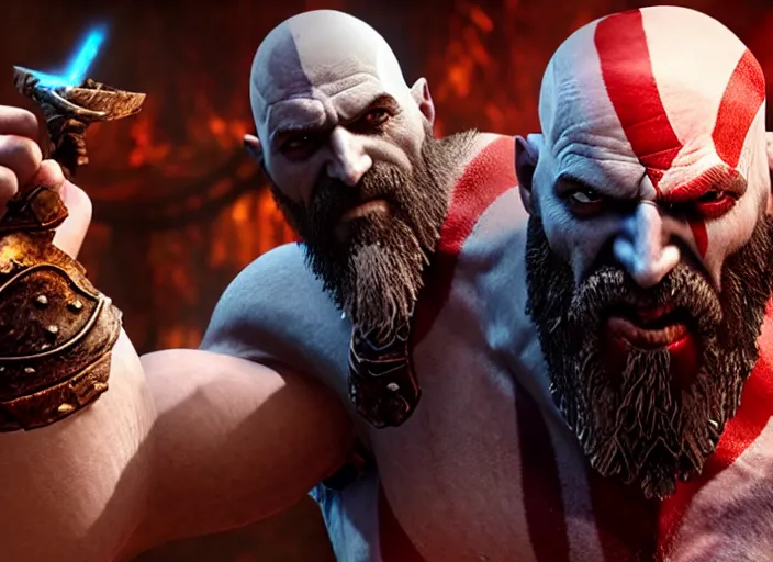 Image similar to in game screenshot of kratos!!! victoriously holding up a computer mouse raising a computer mouse in the air holding a mouse mouse pc mouse!!! in the new god of war video game, 4 k