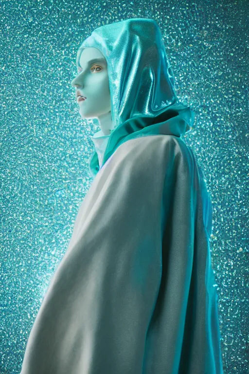 Image similar to hyper detailed ultra sharp photo of iridescent humanoid deity wearing teal plastic hooded cloak, in lourmarin, cinematic lighting, photorealistic, octane render 8 k