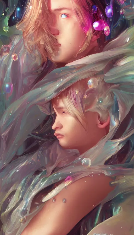 Prompt: man gets samsung galaxy 2 2, dreamy and ethereal, expressive pose, big pink eyes, exciting expression, fantasy, intricate, elegant, many rainbow bubbles, rose tones, highly detailed, digital painting, artstation, concept art, cyberpunk wearing, smooth, sharp focus, illustration, art by artgerm and greg rutkowskiand alphonse mucha