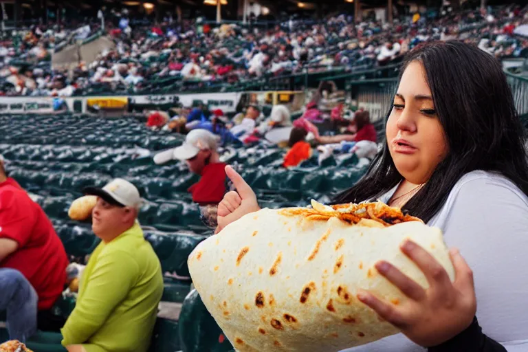 Image similar to obese woman eating a giant burrito sitting at a baseball game, photograph,