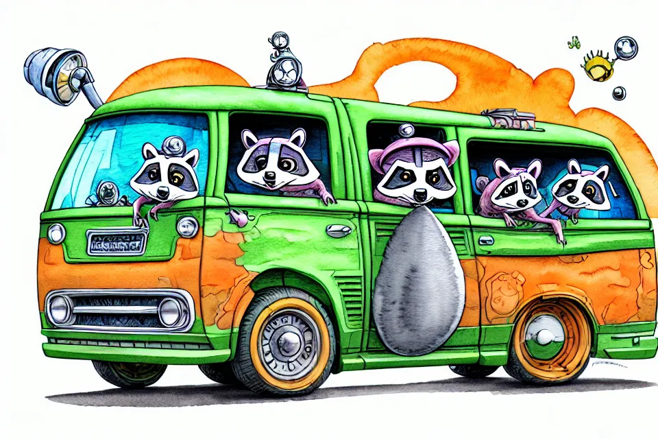 Image similar to cute and funny, racoon wearing a helmet riding in a mystery machine van, ratfink style by ed roth, centered award winning watercolor pen illustration, isometric illustration by chihiro iwasaki, edited by range murata, tiny details by artgerm and watercolor girl, symmetrically isometrically centered, sharply focused