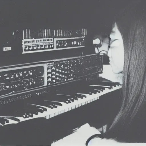 Image similar to 1 9 7 0 s polaroid of a female japanese musician playing a vintage modular synthesizer, hazy, faded