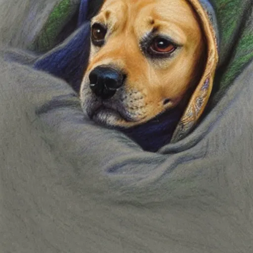 Image similar to a painting of a dog wrapped in a blanket, a color pencil sketch by robert bateman, tumblr contest winner, furry art, tarot card, pre - raphaelite, storybook illustration