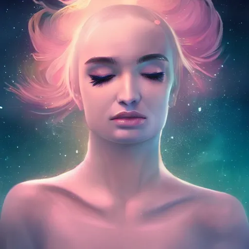 Prompt: an epic cinematic ethereal portrait made of stardust of kim petras with her eyes closed as part of the fabric of the universe and existence, galaxies, stars, nebulas, artstation trending, cgsociety, instagram