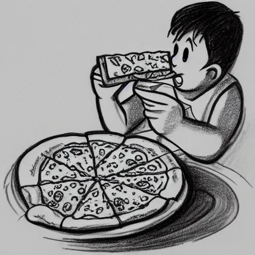 Image similar to drawing of a man eating pizza by huskmitnavn, black and white