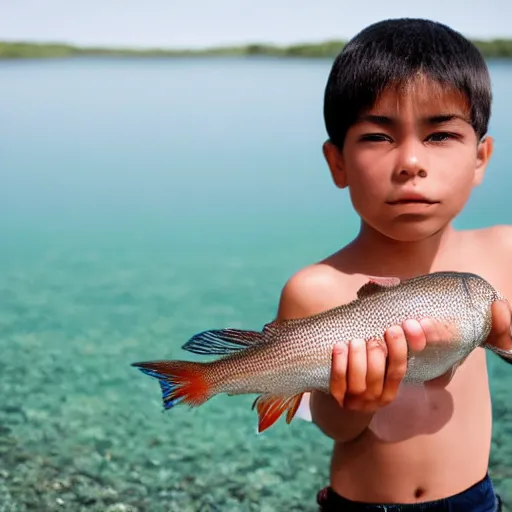 Image similar to in the style of Aurelio Rodríguez, a boy stand in the lake,some fish ,summer , close up, very high environmental details, very high facial details, 4K ,