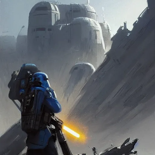 Prompt: star wars concept art by greg rutkowski, soldier wearing a blue and black tactical gear of the hapes republic, digital painting, artstation, concept art, smooth, sharp foccus ilustration, artstation hq