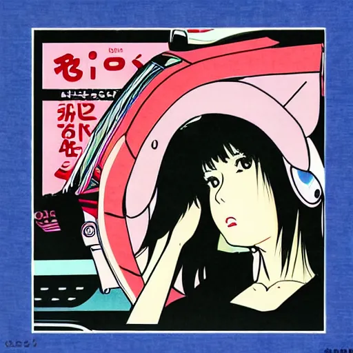 Image similar to album - cover of a 1 9 8 0 s japanese city - pop record featuring an anime illustration by mizucat. cute stylish woman ; sports car ; neon ; urban summer drive.