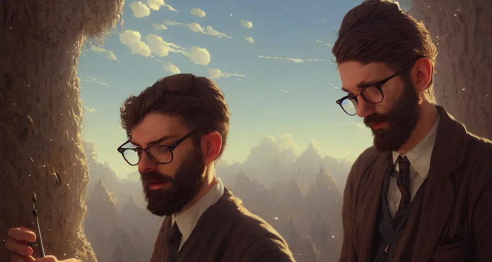 Prompt: highly detailed portrait young man with blue eyes and beard and glasses, happy ambience, stephen bliss, unreal engine, fantasy art by greg rutkowski, loish, rhads, ferdinand knab, makoto shinkai and lois van baarle, ilya kuvshinov, rossdraws, tom bagshaw, global illumination, detailed and intricate environment