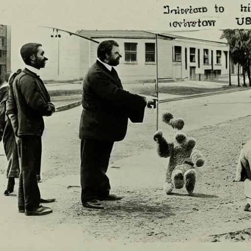 Prompt: teddy bear as university professor explaining a gaussian curve to students on empty street of los angeles 1 8 9 0