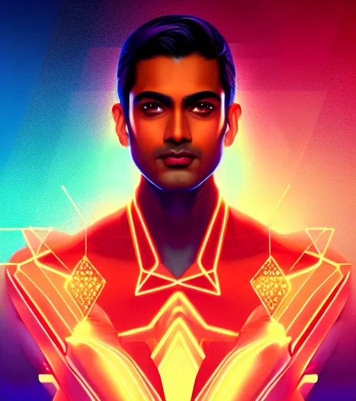 Image similar to symmetry!! indian prince of technology, solid cube of light, hard edges, product render retro - futuristic poster scifi, lasers and neon circuits, brown skin handsome indian prince, intricate, elegant, highly detailed, digital painting, artstation, concept art, smooth, sharp focus, illustration, dreamlike, art by artgerm