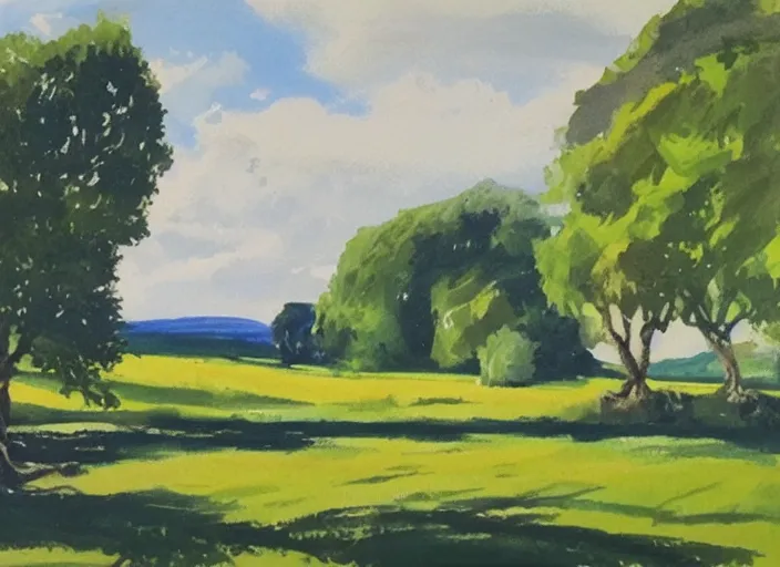 Image similar to landscape of british countryside, summer time, in gouache plein air art style