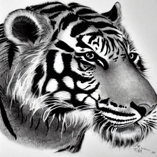 Prompt: an ink drawing of a chinese tiger