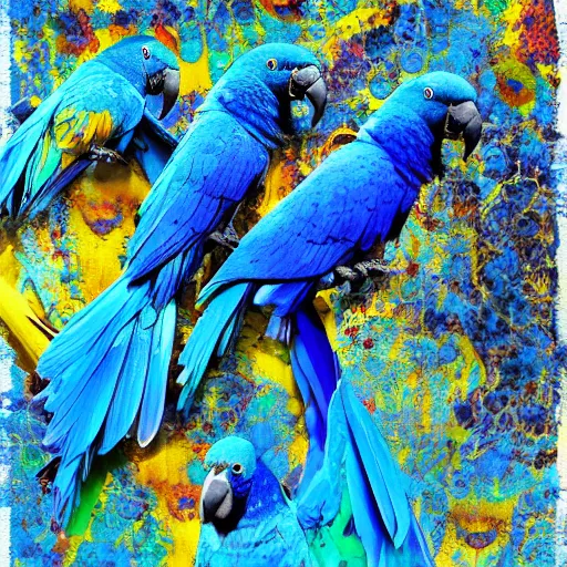 Prompt: blue parrots emerging from fluids, ink splash, intricate details, 16k, post processing, saturated blue colours