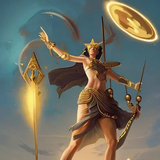 Image similar to Athena of Abyssinia in gold, defeats Chronos with throwing disc, by Peter Mohrbacher:5 Trending on Artstation:5