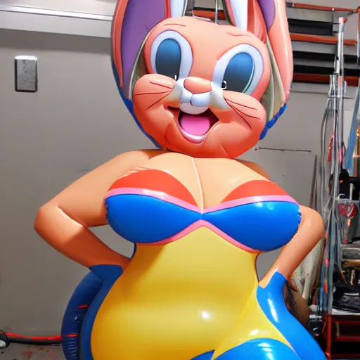 Prompt: lola bunny inflated by an air compressor