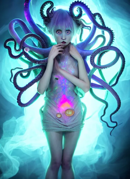 Image similar to A full shot of a cute magical monster girl wearing a dress made of opals and tentacles. Creepy Pasta. F1.4. Symmetrical. Dark Smoke and VFX. Caustics refraction. Prism light. defined facial features, symmetrical facial features. Rainbows. Soft Lighting. beautiful lighting. By Giger and Ruan Jia and Artgerm and Range Murata and WLOP and William-Adolphe Bouguereau and Loish and Lisa Frank. trending on artstation, featured on pixiv, award winning, sharp, details, intricate details, realistic, Hyper-detailed, HD, HDR, 4K, 8K.