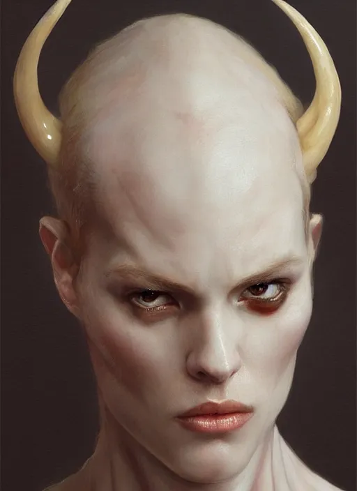 Image similar to half demon half human intricate skin ivory plastic, elegant, peaceful, full body, horns, hyper realistic, extremely detailed, dnd character art portrait, fantasy art, intricate fantasy painting, dramatic lighting, vivid colors, deviant art, artstation, by edgar maxence and caravaggio and michael whelan and delacroix.