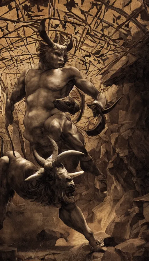 Image similar to Minotaur in a Maze, by Caravaggio, studio ghibli, cinematic lighting, intricate, highly detailed, digital painting, trending on artstation, Illustration, epic scale