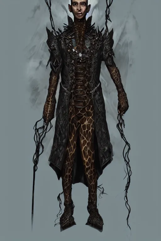 Image similar to beautiful full body portrait of a human - giraffe hybrid male wizard, scaley!! black onyx skin, wearing a robe, by wlop and artgerm, steampunk fiction, detailed deep black eyes, space background, trending, on artstation.