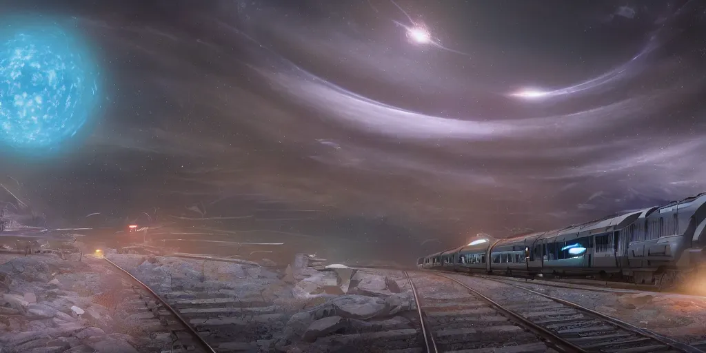 Prompt: inter dimensional sci - fi train far future, travelling across the stars, cosmos, galaxy, concept art, dreamy, render by octane and blender, hyper realistic, cinematic lighting, unreal engin 5, by dominic mayer, 8 k, vray render, artstation, deviantart