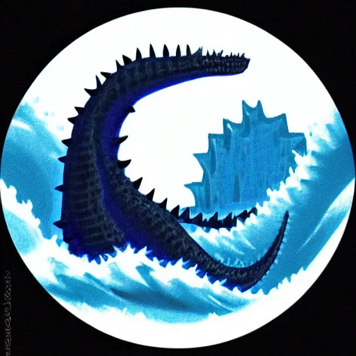 Image similar to a blue water wave in the silhouette shape of Godzilla, cartoon drawing