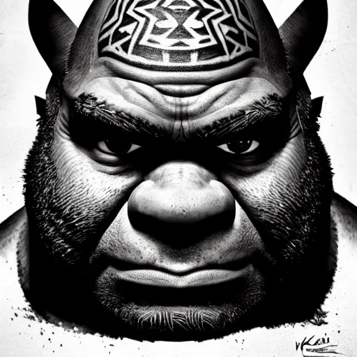 Prompt: portrait of shrek with tribal tattoos, black and green, powerful, domineering, stoic, masterful, intense, ultrafine hyperdetailed illustration by kim jung gi, irakli nadar, intricate linework, sharp focus, octopath traveler, yoji shinkawa, highly rendered, detailed, concept art