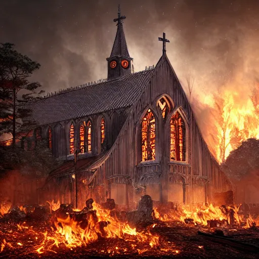 Image similar to hyperrealistic photograph of the norway wood churches burned to the ground, fire, giant bones, skeletons, dim volumetric lighting, octane beautifully detailed render, extremely hyper detailed, intricate, epic composition, cinematic lighting, masterpiece, trending on artstation, very detailed, stunning, hdr, smooth, sharp focus, high resolution, award, winning photo