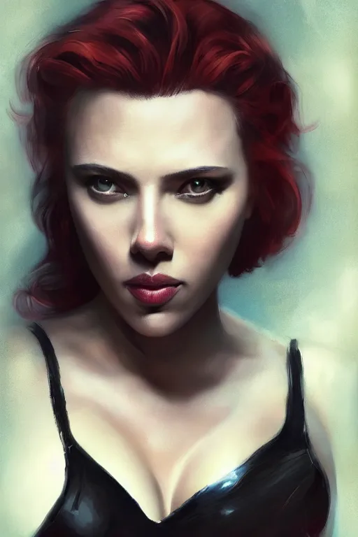 Image similar to a fancy portrait of Scarlett Johansson as cat women by Greg Rutkowski, Sung Choi, Mitchell Mohrhauser, Maciej Kuciara, Johnson Ting, Maxim Verehin, Peter Konig, final fantasy , mythical, 8k photorealistic, cinematic lighting, HD, high details, atmospheric,