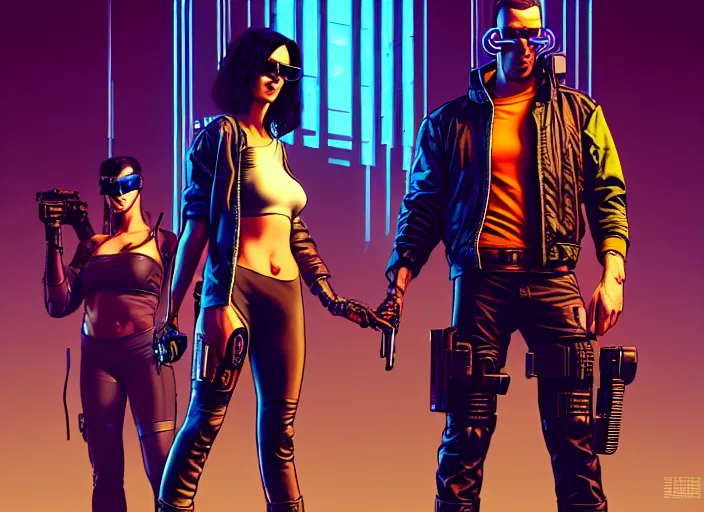 Image similar to cyberpunk gang enforcers. portrait by stonehouse and mœbius and will eisner and gil elvgren and pixar. character design. realistic proportions. cyberpunk 2 0 7 7 character art, blade runner 2 0 4 9 concept art. cel shading. attractive face. thick lines. the team. diverse characters. artstationhq.