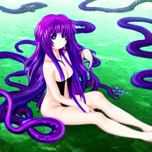 Prompt: an anime girl with purple tentacle hairs, sitting near a swamp
