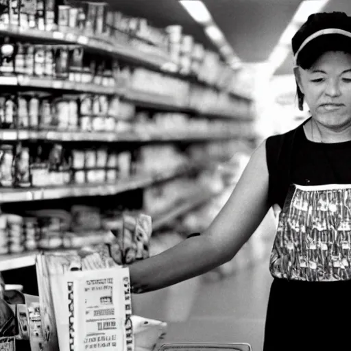 Image similar to a middle - aged woman working as a cashier at a dingy convenience store, award - winning photography, 1 9 9 0