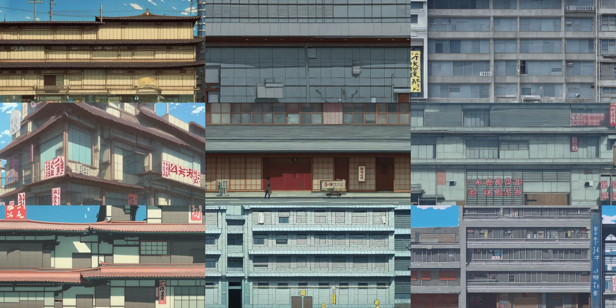 Prompt: close up front view of a japanese building facade with signs on it, in the anime film by Makoto Shinkai