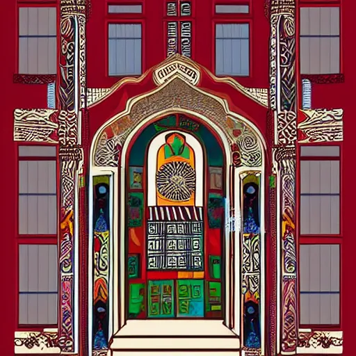 Image similar to contemporary architecture decorated with ethnic traditional ornaments, illustration, high quality