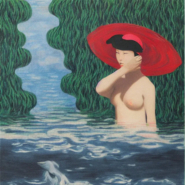 Image similar to painting of flood waters, zen, a tall catgirl art student, a river flooding inside, art supplies, pigs, ikebana, water, river, rapids, waterfall, black swans, canoe, pomegranate, berries dripping, acrylic on canvas, surrealist, by magritte and monet