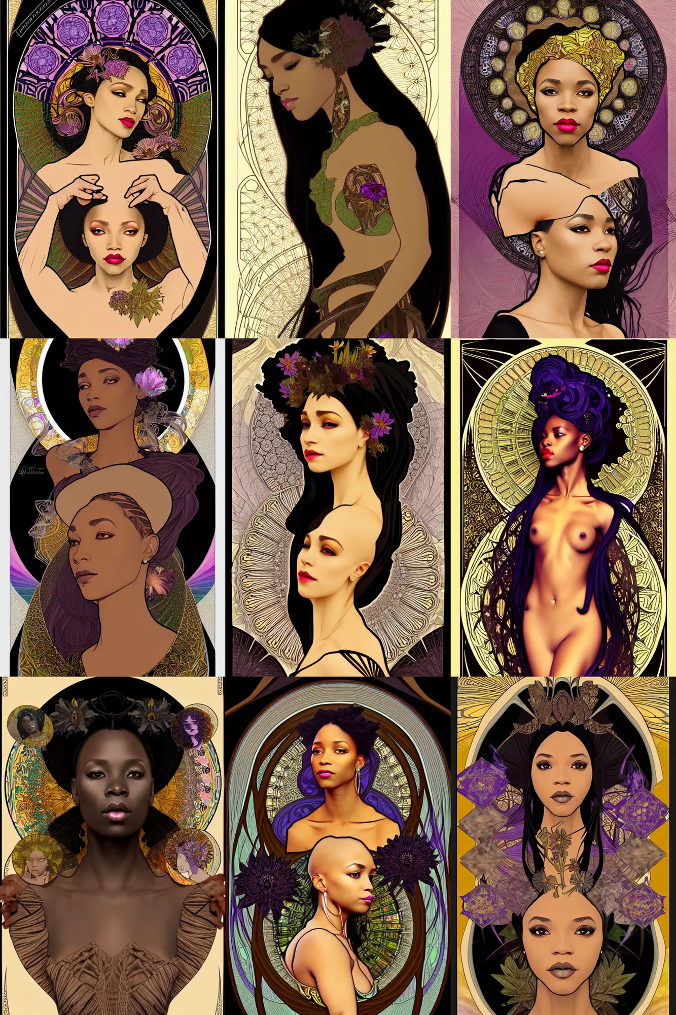 Prompt: african, queen of the black lily, portrait, border and embellishments inspired by alphonse mucha, fractals in the background, inspired by artgerm, character concept art