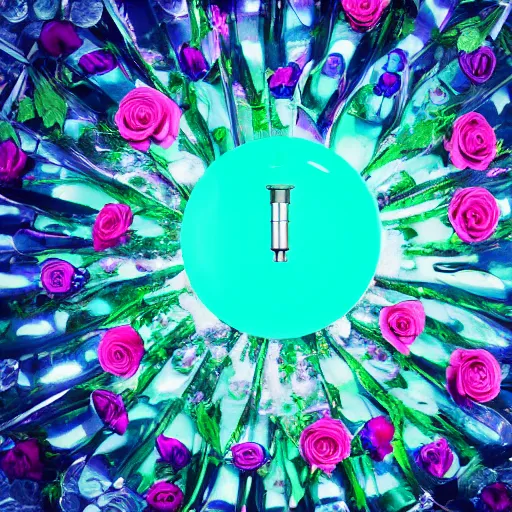 Image similar to centered bright perfume bottle standing in clear blue rippling water surrounded by a plethora of mint leaves and roses, with white crisp zen mountain background, illumination lighting, sharp focus, surreal photography, vogue, hartper's bazaar, sephora,