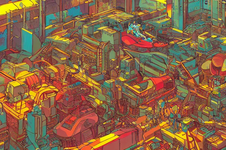 Image similar to a colorful marketplace, Industrial Scifi, detailed illustration, character design, intricate, by Martin Grip and Moebius