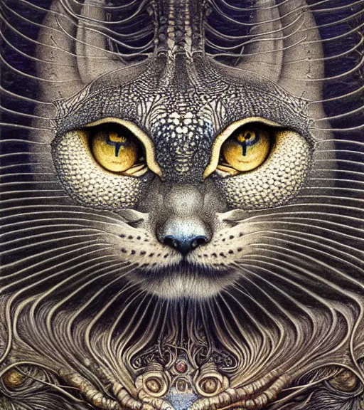 Image similar to detailed realistic beautiful manul portrait by jean delville, gustave dore, iris van herpen and marco mazzoni, art forms of nature by ernst haeckel, art nouveau, symbolist, visionary, gothic, neo - gothic, pre - raphaelite, fractal lace, intricate alien botanicals, ai biodiversity, surreality, hyperdetailed ultrasharp octane render