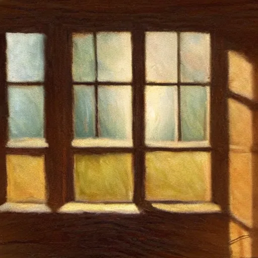 Prompt: oil painting of mostly empty cottage interior, one small window with sunlight shining onto the floor. artistic. cozy. wooden floor. rustic. solace.