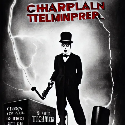 Prompt: Charlie Chaplin as The Terminator, movie poster, dramatic lightning