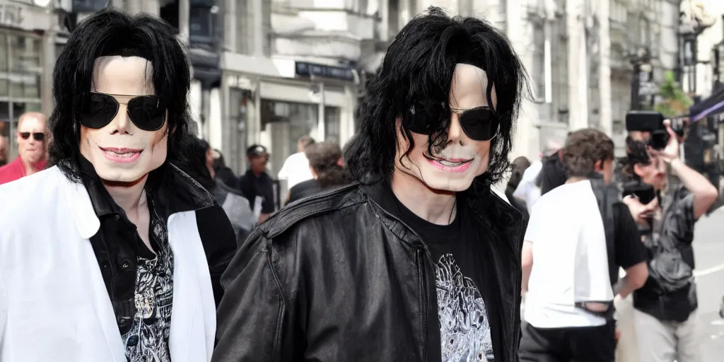 Image similar to michael jackson 2 0 0 9 wearing shades, alone, this is it style, photo real, pores, motion blur, spotted with body guards in london, by himself, real life, spotted, ultra realistic face, accurate, 4 k, movie still, uhd, sharp, detailed, cinematic, render, modern