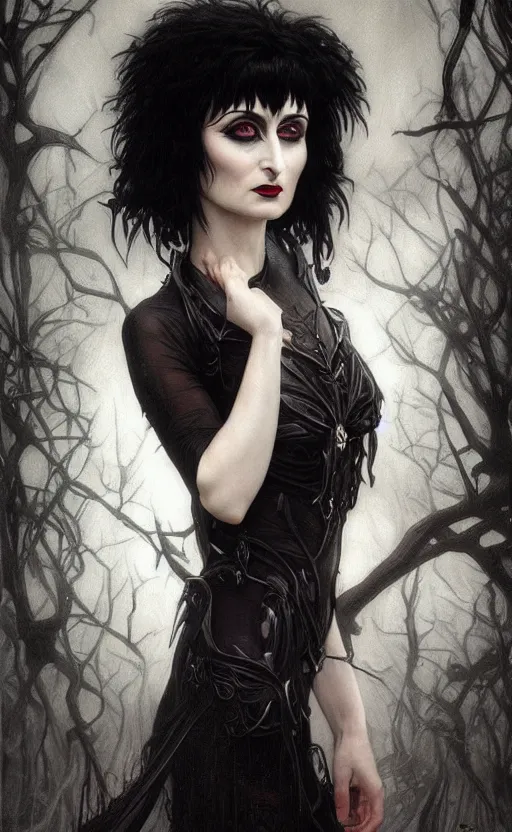 Prompt: portrait of siouxsie sioux, dark and ethereal, expressive pose, peaceful expression, dark gothic dress, fantasy, intricate, dark forest background, highly detailed, digital painting, artstation, concept art, smooth, sharp focus, illustration, art by artgerm and greg rutkowski and alphonse mucha
