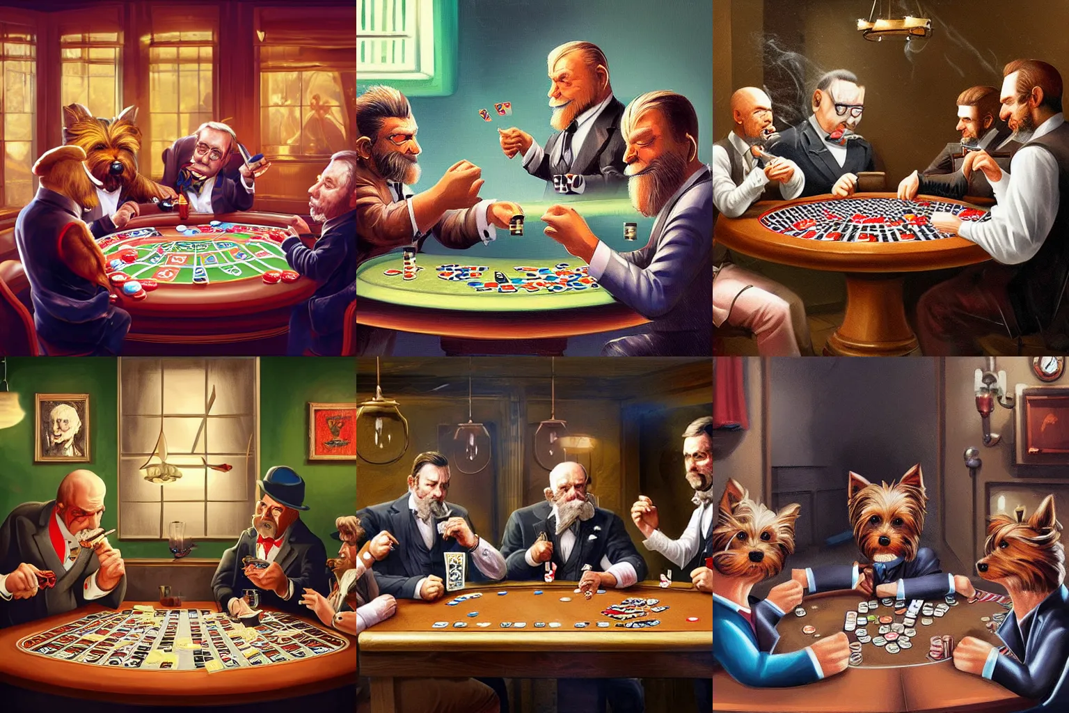 Prompt: yorkies playing poker, smoking cigars, artstation, artistic